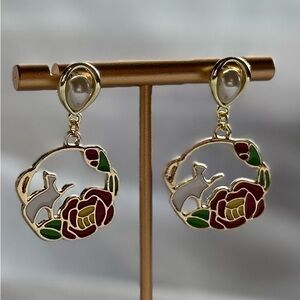 Floral Cat Gold and Red Pearl Drop Earrings with Green Accents